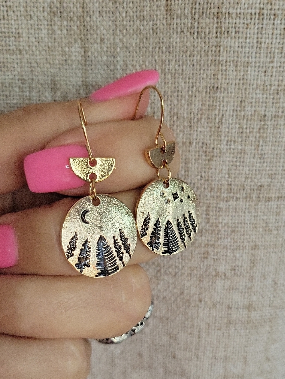 Handmade Gold-Tone Disc Earrings with Midnight Forest Motif
